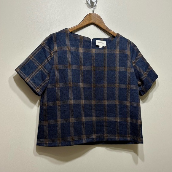 Everly Tops - Everly Plaid Cropped Length Relaxed Fit Short Sleeve Crop Top Shirt Blue Tan